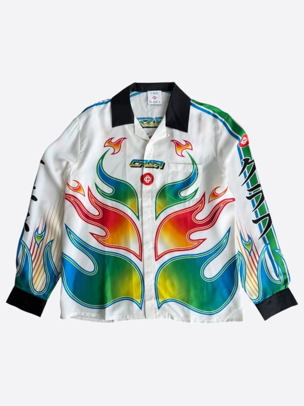 Casablanca White & Multicolor Flame Graphic Silk Button Up Shirt